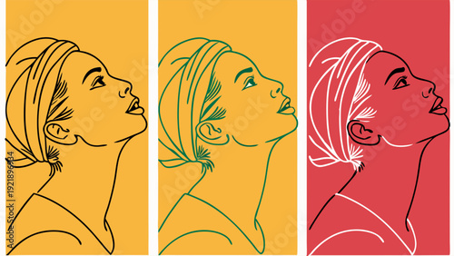 Woman Profile Portrait Wrapped in Towel Minimalist Line Art Variations for Beauty Spa Self Care Wellness Advertising Design