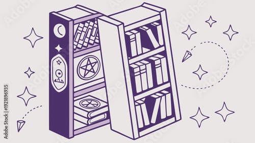 Mystical Purple Occult Bookshelf with Pentagrams and Magic Sparks for Witchcraft or Fantasy Website Design