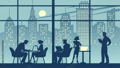 Silhouetted Professionals Working Late in Modern High Rise Office Overlooking City Skyline at Night for Web Design Projects