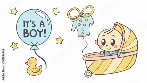 Cute Baby Boy Announcement Illustration for Newborn Celebration Greeting Cards Invitations Nursery Decor
