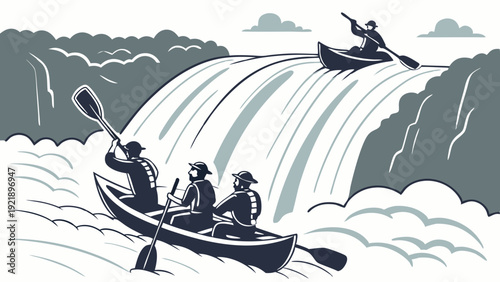 Adventurous Kayakers Navigate Raging River Rapids Approaching Powerful Waterfall for Thrilling Outdoor Recreation Design