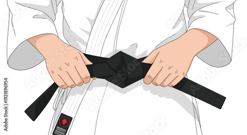 Close up shot of hands expertly tying a black martial arts belt around the waist of an individual dressed in a traditional white gi.