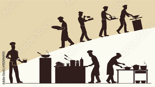 Culinary Workflow Progression Silhouettes Showing Kitchen Staff Preparing and Serving Food for Restaurant Operations and Hospitality Training Manuals
