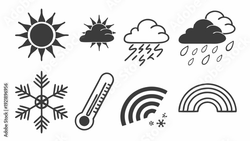 Weather Forecast Icons Set for Meteorology Apps Design Temperature Snow Sun Rain Cloud Lightning Rainbow Seasonal Updates