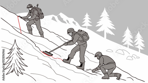 Mountain Rescue Team Searching Snow Slope with Probe for Buried Avalanche Victim Safety Training Illustration