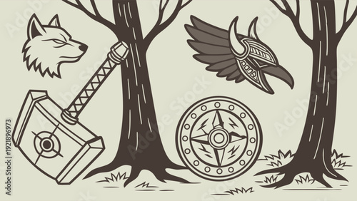 Norse Mythology Warrior Symbols Viking Forest Icons Thor Hammer Wolf Shield Helmet for Gaming Design or History Website Graphics