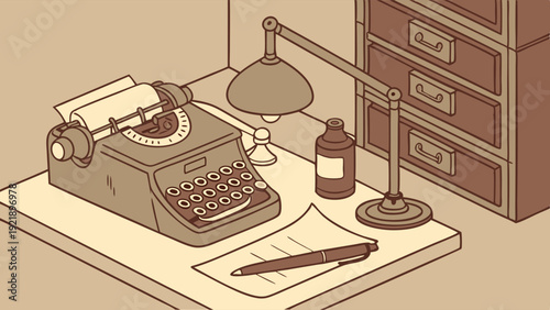 Vintage Typewriter Desk Setup for Author Journalist Writing Secret Documents with Inkwell and Lamp in Sepia Tone