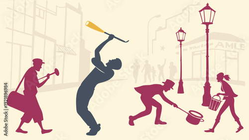Vintage Street Performers Busking for Money with Music and Comedy for Urban Entertainment Design Projects