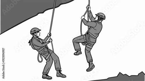 Two Climbers Rappelling Down Cliff Face for Extreme Sports Adventure Team Building Training