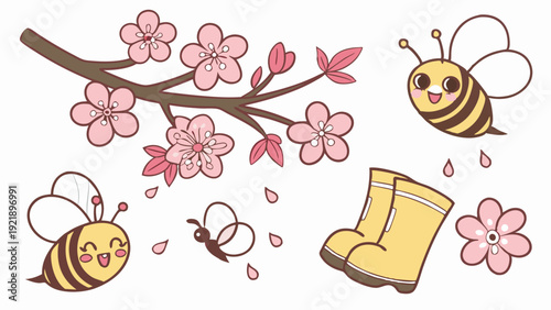 Cute Spring Season Elements for Children's Greeting Cards Website Design Happy Bees Cherry Blossoms and Rain Boots Illustration