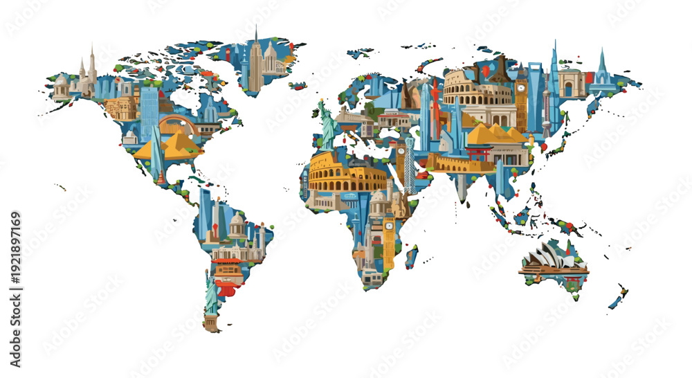 Fototapeta premium A detailed world map created from an artistic compilation of well-known international landmarks and diverse architectural structures.