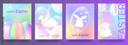 A set of Easter cards, website banners, posters, flyers, and covers. A trendy, modern design featuring cute bunnies, hand-drawn flowers, and Easter eggs. Vector illustration.