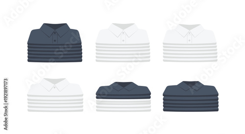 Six neatly stacked piles of folded men's polo shirts in various shades of grey, white, and dark blue presented on a clear background.