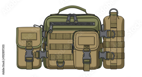 An olive green and tan tactical messenger bag with multiple external pockets, buckles, and webbing is presented with two detachable side pouches.