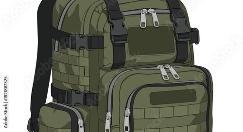 A close-up view of an olive green tactical backpack featuring multiple zippered pockets, adjustable buckles, and sturdy webbing straps for outdoor use.