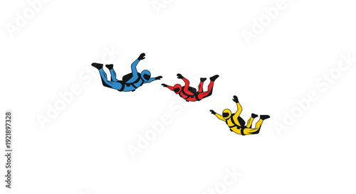 Three skydivers in colorful blue, red, and yellow jumpsuits are seen freefalling through the air with arms and legs outstretched on a white background.