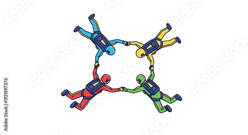 Four skydivers in blue, yellow, red, and green jumpsuits form a circle by holding hands during a synchronized freefall against a clean white background.