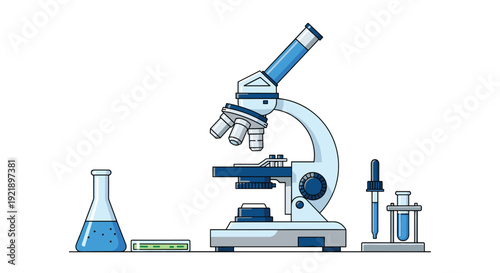 A classic laboratory microscope is displayed alongside an Erlenmeyer flask with blue liquid, petri dishes, a dropper, and a test tube on a white background.