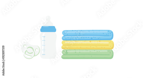 A baby bottle with a blue cap and a white pacifier sits next to a horizontal stack of three folded towels in blue, yellow, and green on a white background.