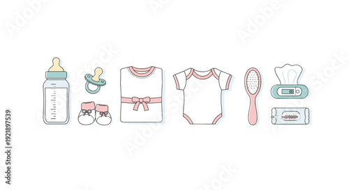 A neatly arranged collection of newborn baby essentials features a feeding bottle, pacifier, booties, two bodysuits, a brush, and two thermometers.