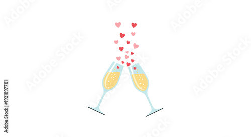 Two elegant champagne flutes are clinking together in a romantic toast, with numerous small pink and red heart shapes effervescing upwards from the sparkling beverage on a white background.
