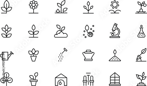 Plant Growth and Gardening Line Icons Set Outline Botany Agriculture and Laboratory Vector Collection