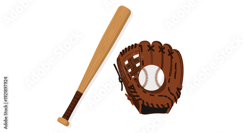 A classic brown wooden baseball bat is positioned next to a brown leather baseball glove with a white baseball resting inside, against a clean white background.