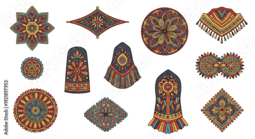 Collection of intricate ethnic textile patterns and designs.