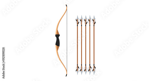 A sleek modern recurve bow with a black grip stands vertically next to five arrows featuring white fletching and pointed tips, all on a white background.