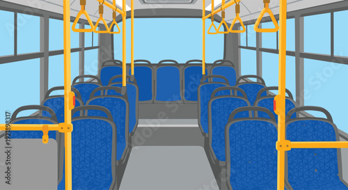 The empty interior of a public bus is seen from a low angle, showcasing blue seats and yellow grab handles with a clear sky outside the windows.