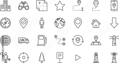 navigation, location, map, gps, travel, route, destination, pin, compass, icons, minimal, outline, editable, pack, flat, vector, illustration, modern, set, design