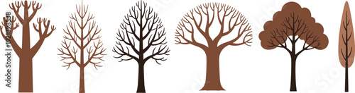 Set of bare winter trees silhouettes, flat vector illustration for seasonal landscape design, forest elements isolated botanical collection bundle