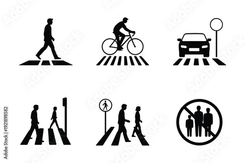 Silhouettes of pedestrians and traffic symbols at crosswalks