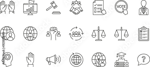 politics, democracy, voting, election, justice, law, rights, government, civic, icons, minimal, outline, editable, pack, flat, vector, illustration, modern, set, design