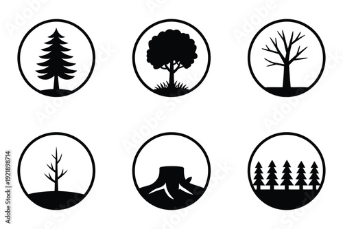 Circle icons of various trees and a tree stump silhouette