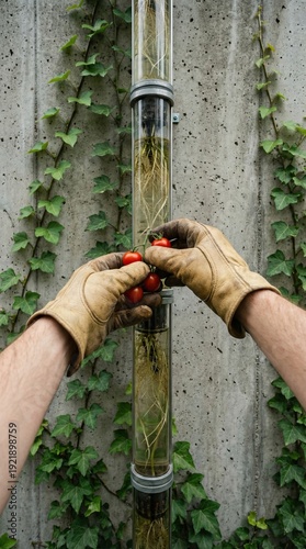 A hands in work gloves harvesting tomatoes from a vertical glass planter