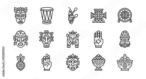 Collection of Tribal Masks and Cultural Symbols Icons.