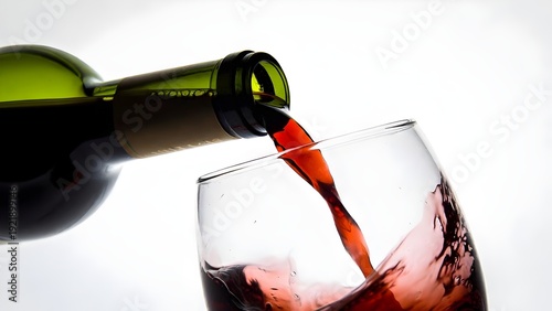 A dramatic moment as the red wine from a stylish bottle is poured into a clean glass, with light playing off the bottle and wine liquid, representing elegance and luxury.