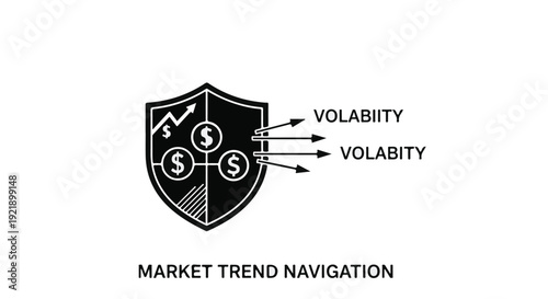 Market trend navigation shield with dollar signs and volatility arrows