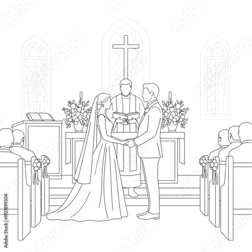 Wedding ceremony inside church, couple exchanging vows with pastor and guests