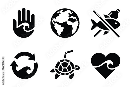 Environmental Protection Icons: Stop Pollution, Save Earth, Recycle, Protect Wildlife
