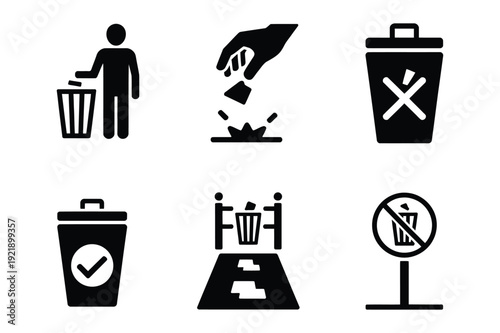Littering and Waste Management Icons: No Littering, Trash Cans, Proper Disposal