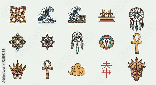 Collection of diverse cultural symbols and icons.