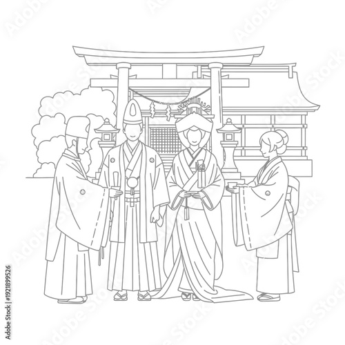Four individuals in traditional attire standing before a Japanese temple gate