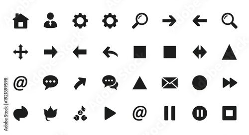 Collection of black interface icons on a white background.