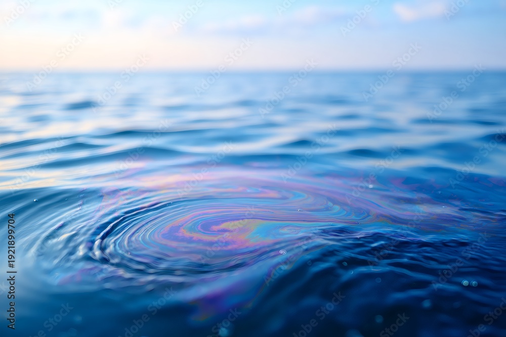 Obraz premium A colorful oil slick on the surface of the ocean. Environmental pollution from a gasoline or petrol spill. Concept of water contamination and ecological disaster.
