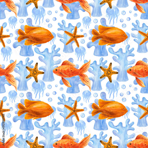 Goldfish, corals, jellyfish, starfish, watercolor seamless pattern. Marine style. Underwater world. Hand-drawn orange fish.