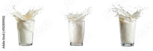 Set of Glass of milk with splash on transparent png background. Ai generated