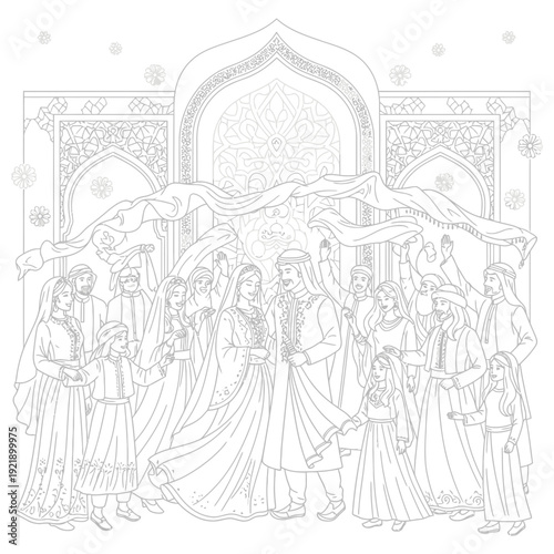 Middle eastern wedding celebration with joyful crowd and elegant couple in white