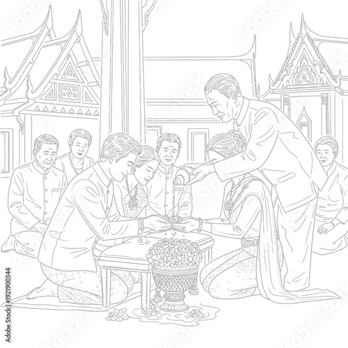 Thai wedding ceremony vector illustration showing traditional water pouring rite